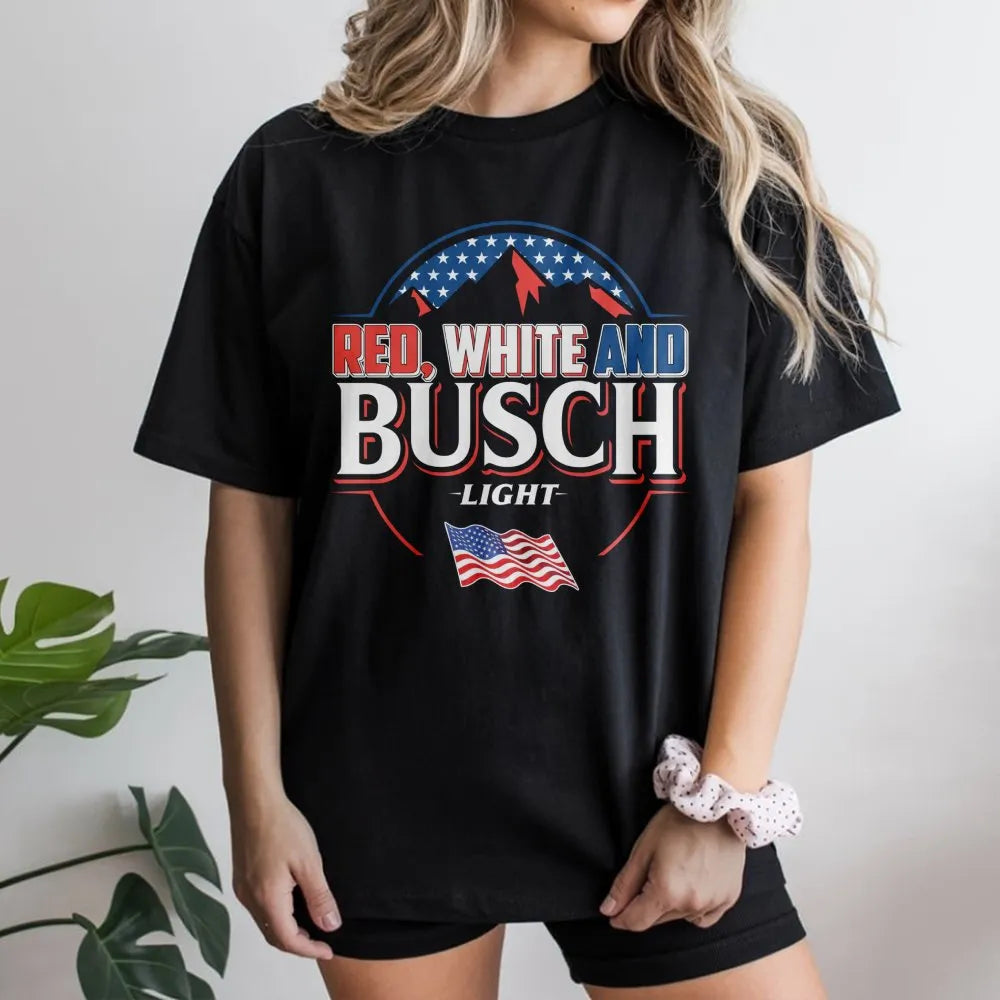 Red White and Busch Light T-Shirt | Patriotic American Flag Graphic Tee | Premium Cotton Casual Apparel | Fourth of July Beer