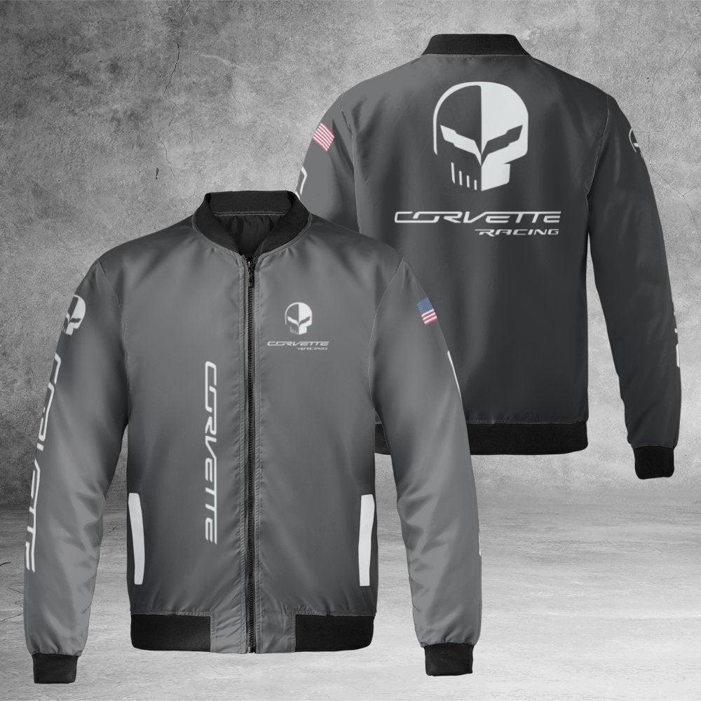 Corvette Racing Bomber Jacket | Jake Skull Graphic | Durable Nylon Outerwear | Premium Motorsport Gift for Sports Car Enthusi