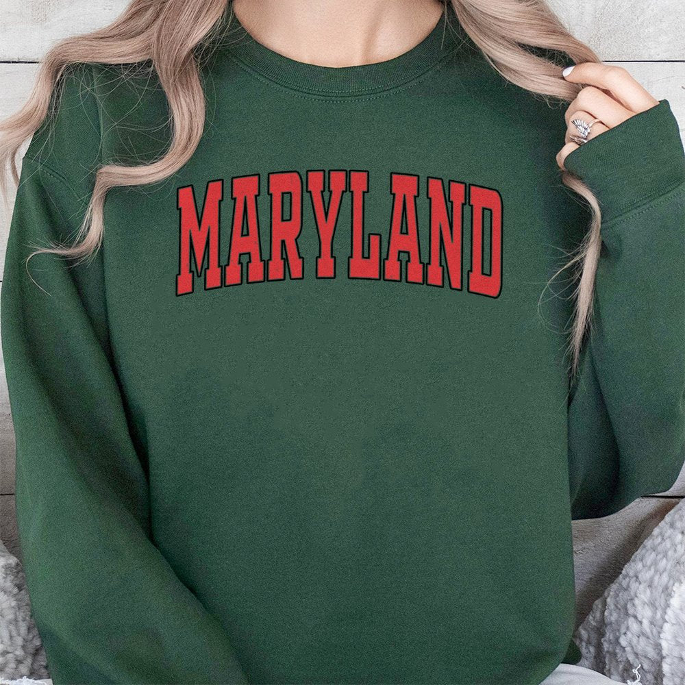 Maryland Varsity Arch Sweatshirt | Distressed Collegiate Red Text | Premium Cotton Blend Crewneck | Comfortable Unisex State 