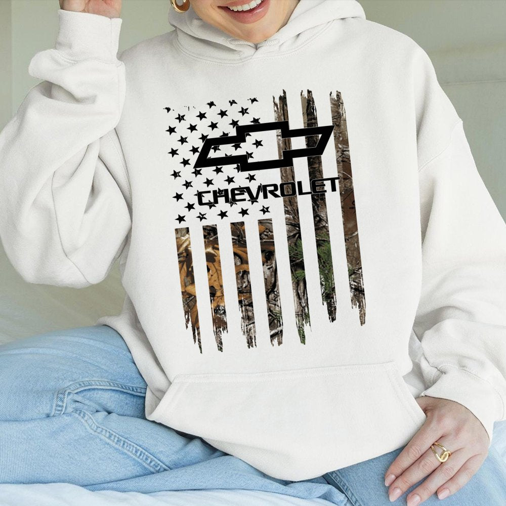 Chevrolet Camo Flag Hoodie | Distressed USA Flag Graphic Design | Premium Cotton Blend | Gift for Truck Lovers and Auto Enthu