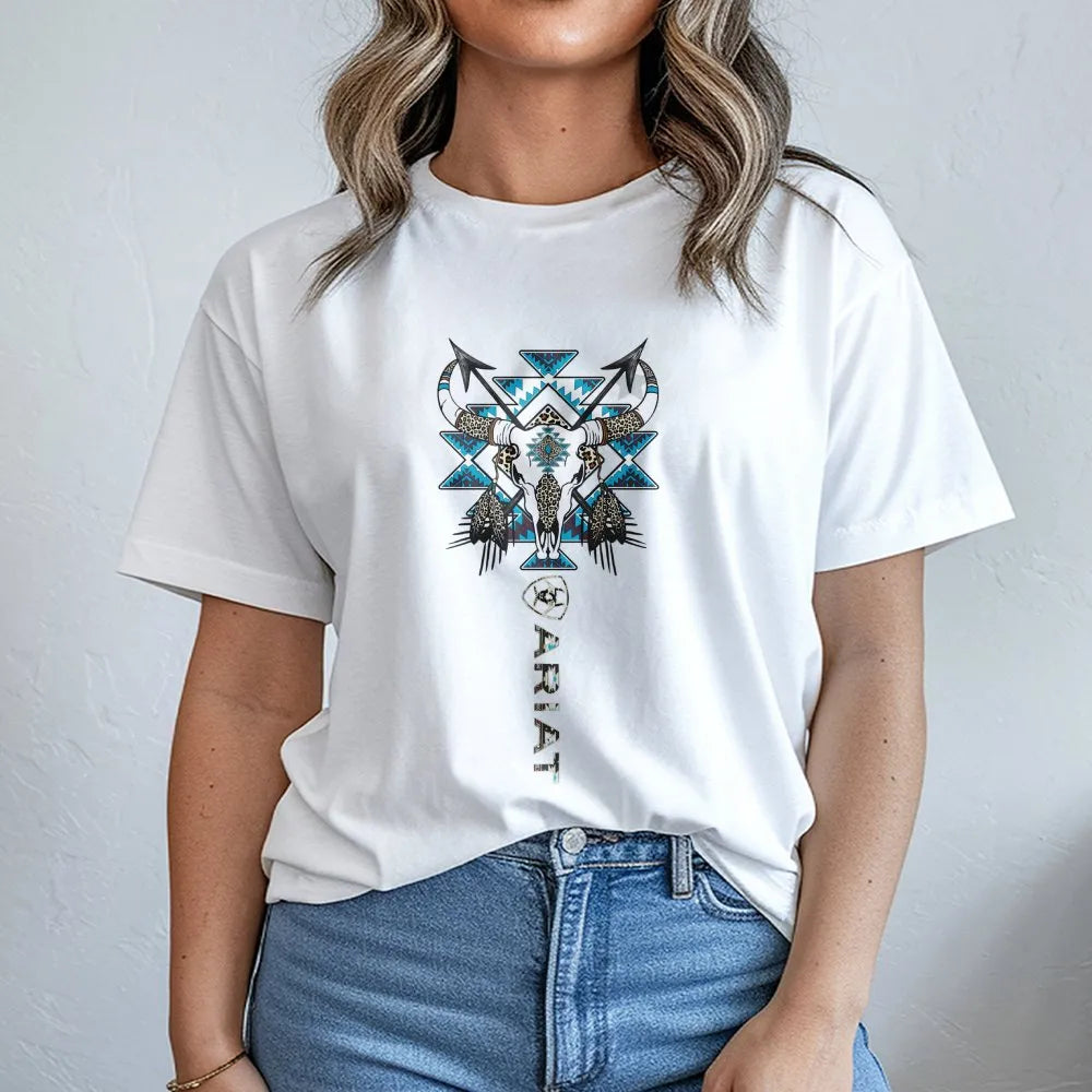 Western Bull Skull T-Shirt | Aztec Tribal Longhorn Graphic | Premium Cotton Unisex Tee | Cowboy Ranch Gift for Her