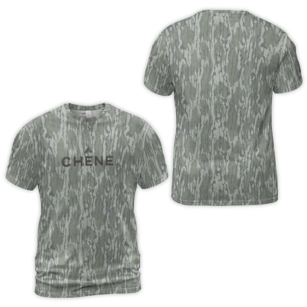 Chene Camo T-Shirt | All-Over 3D Printed Tree Bark Pattern | Premium Polyester Spandex Blend | Breathable Hunting Style Tee f