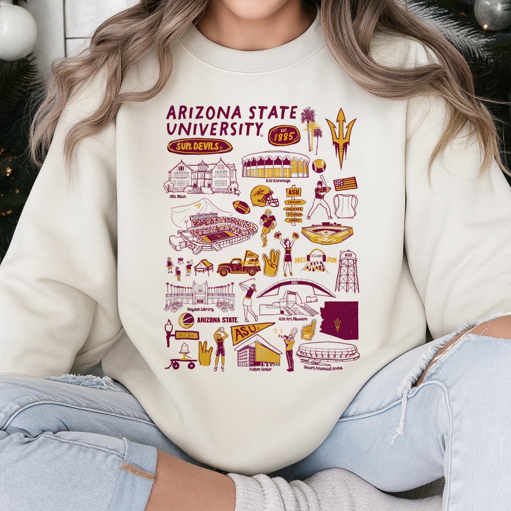 Arizona State University Sweatshirt | ASU Campus Landmarks Collage Print | Premium Cotton Blend Crewneck | Gift for ASU Stude