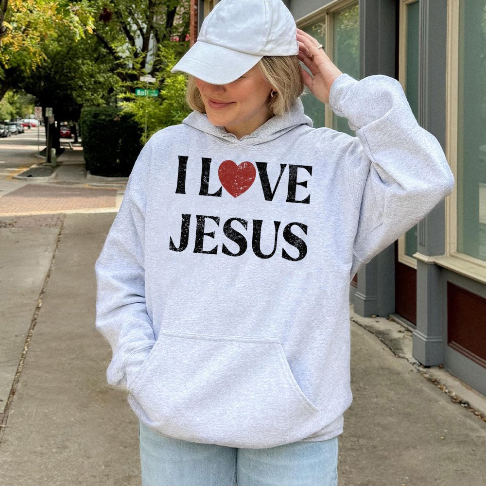 I Love Jesus Hoodie | Distressed Red Heart Religious Graphic | Cotton-Poly Blend Premium Sweatshirt | Faithful Christian Fait