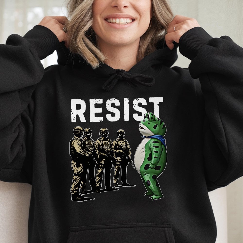 Resist Frog Hoodie | Activism Protest Graphic | Premium Cotton-Blend Apparel | Unisex Cozy Gift for Social Justice Advocates