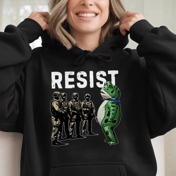 Resist Frog Hoodie | Activism Protest Graphic | Premium Cotton-Blend Apparel | Unisex Cozy Gift for Social Justice Advocates