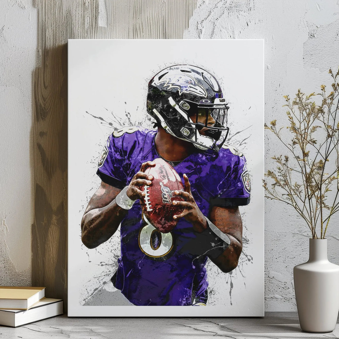 Lamar Jackson Canvas Art | NFL Football Splatter Poster | Premium Gallery Wrap Wall Decor | Ravens Fan Gift For Him