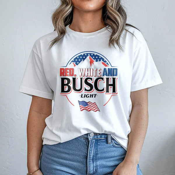 Red White and Busch Light T-Shirt | Patriotic American Flag Graphic Tee | Premium Cotton Casual Apparel | Fourth of July Beer