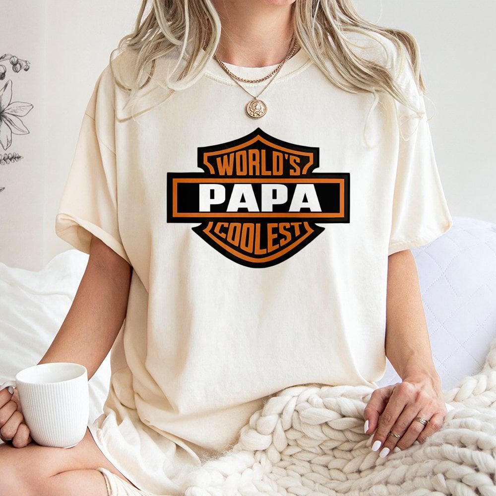 Worlds Coolest Papa T-Shirt | Biker Shield Graphic Design | Premium Cotton Comfort | Funny Father's Day 2026 Gift for Motorcy