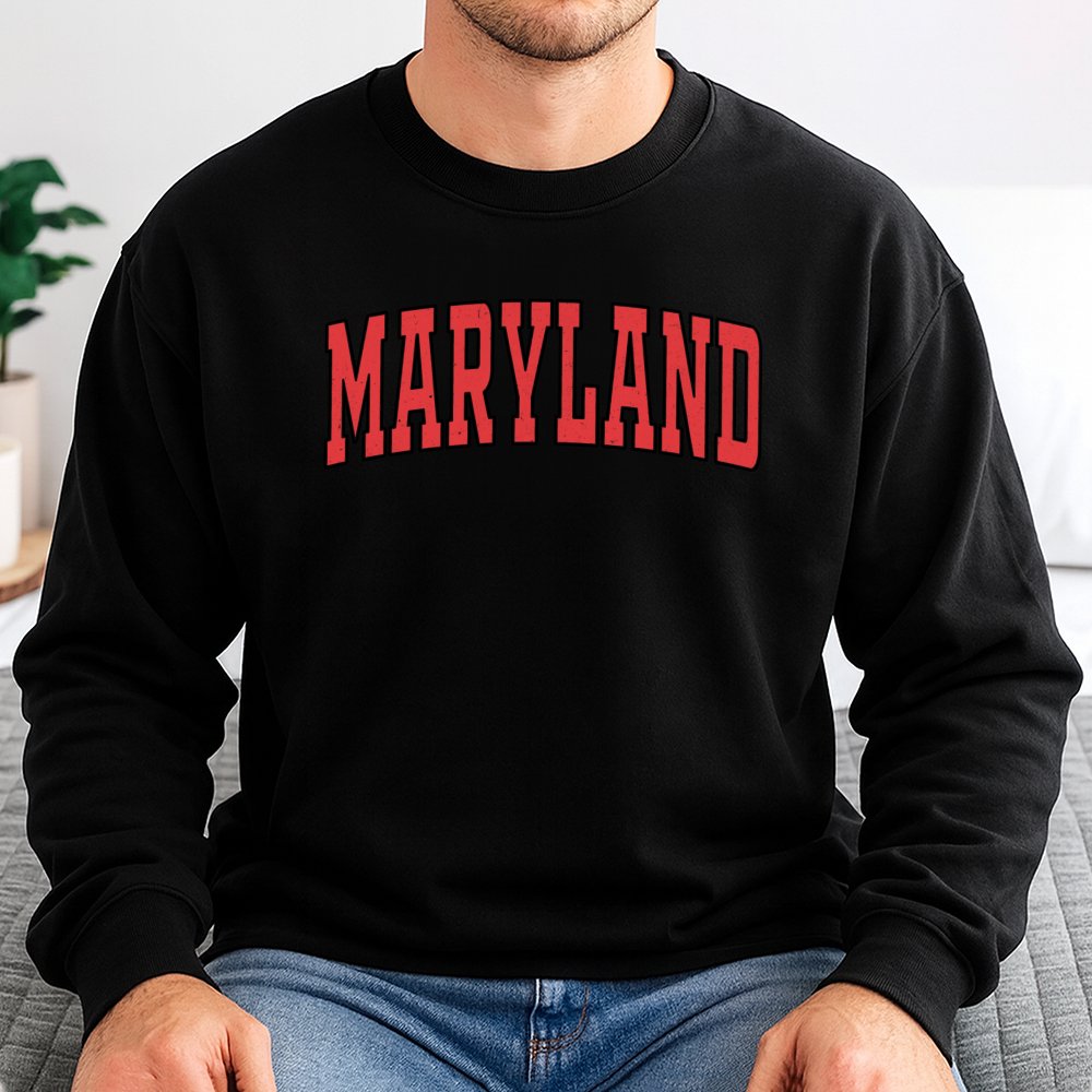 Maryland Varsity Arch Sweatshirt | Distressed Collegiate Red Text | Premium Cotton Blend Crewneck | Comfortable Unisex State 