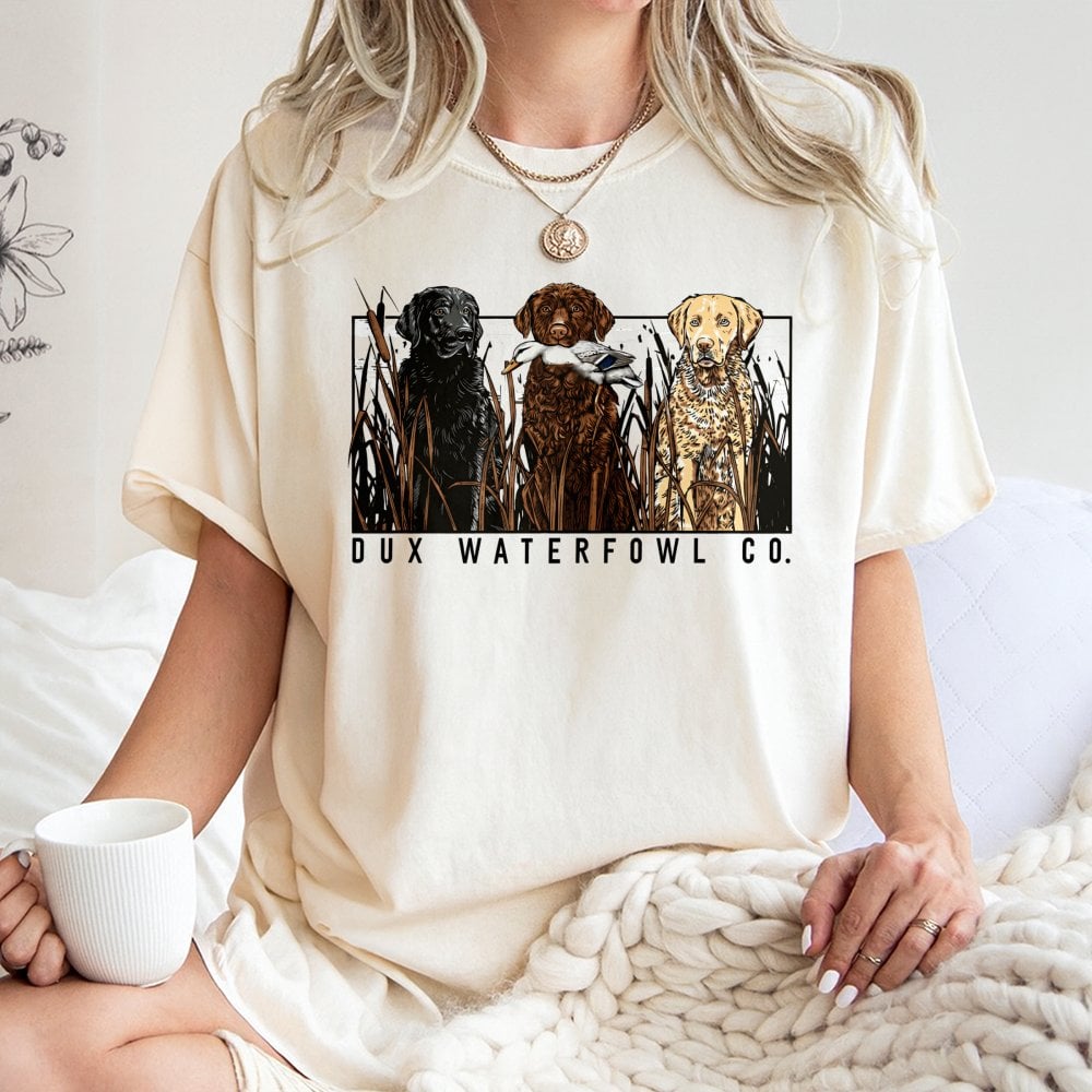 Dux Waterfowl Hunting Dog T-Shirt | Retriever Trio Graphic | 100% Cotton Premium Tee | Outdoor Gift for Duck Hunters and Dog 