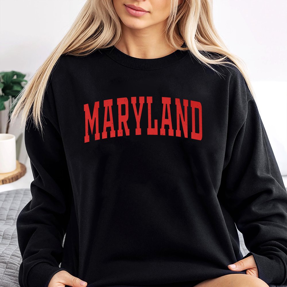 Maryland Varsity Arch Sweatshirt | Distressed Collegiate Red Text | Premium Cotton Blend Crewneck | Comfortable Unisex State 
