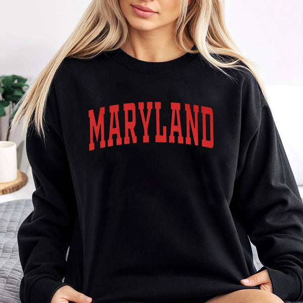 Maryland Varsity Arch Sweatshirt | Distressed Collegiate Red Text | Premium Cotton Blend Crewneck | Comfortable Unisex State 