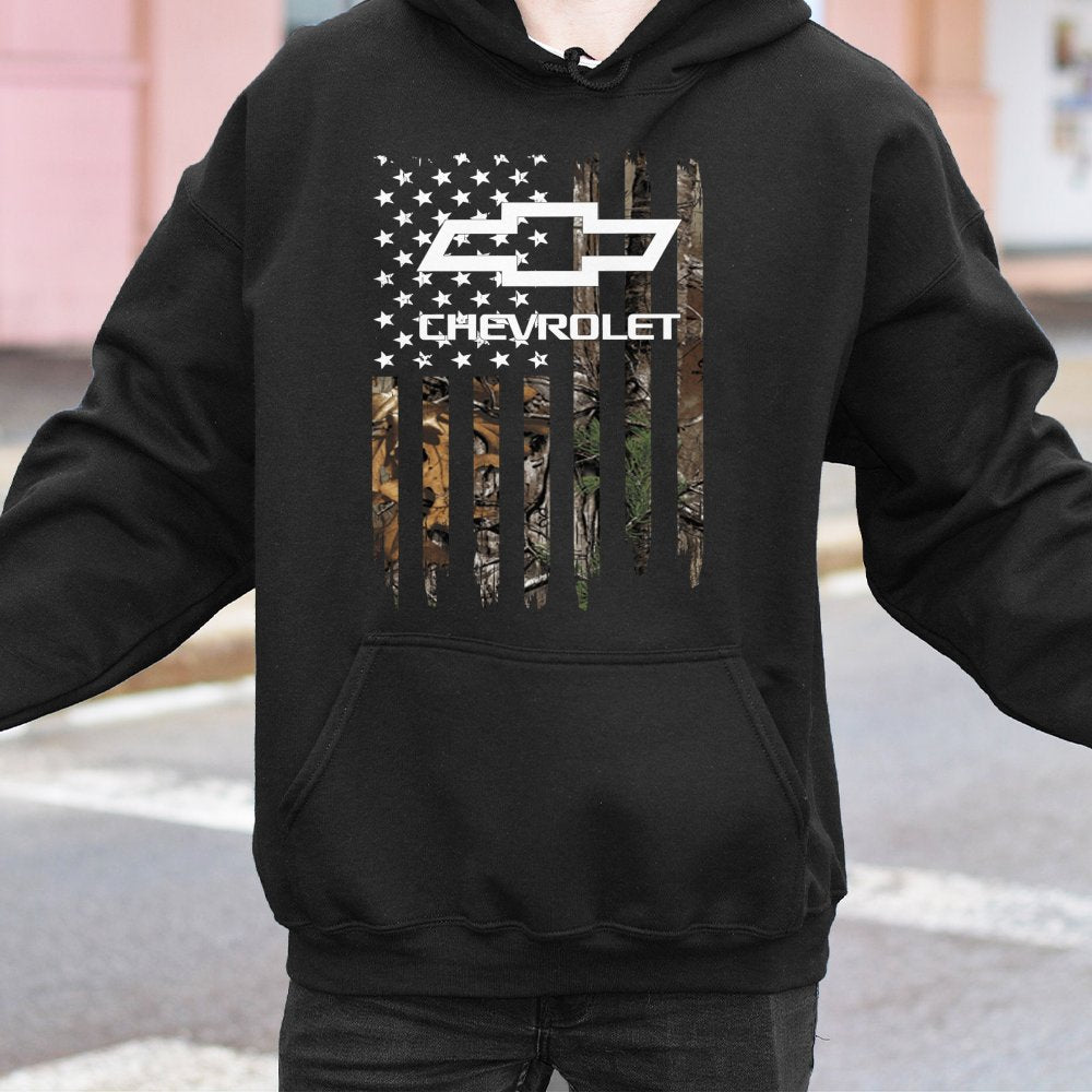 Chevrolet Camo Flag Hoodie | Distressed USA Flag Graphic Design | Premium Cotton Blend | Gift for Truck Lovers and Auto Enthu