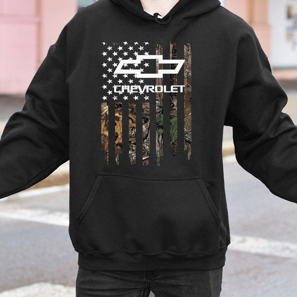 Chevrolet Camo Flag Hoodie | Distressed USA Flag Graphic Design | Premium Cotton Blend | Gift for Truck Lovers and Auto Enthu
