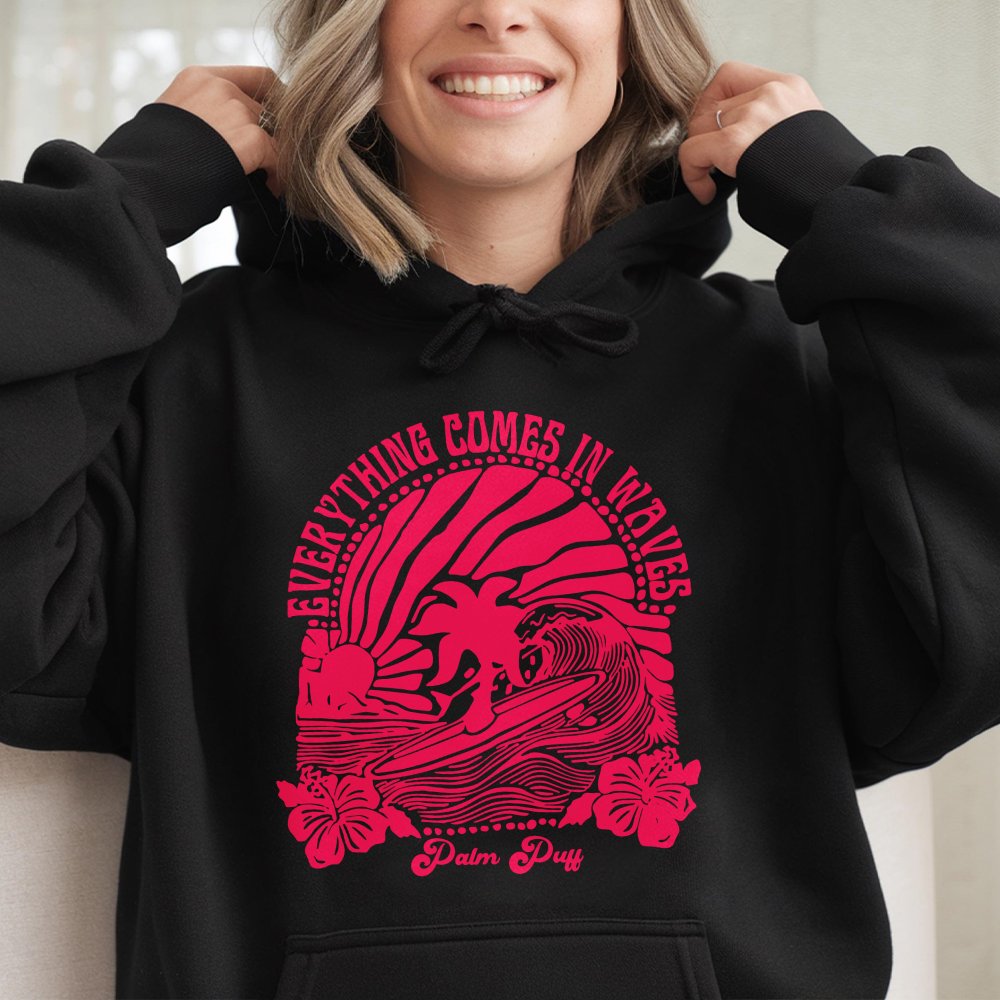 Everything Comes In Waves Hoodie | Retro Surfing Palm Tree Graphic | Premium Cotton Blend | Preppy Aesthetic Gift For Her