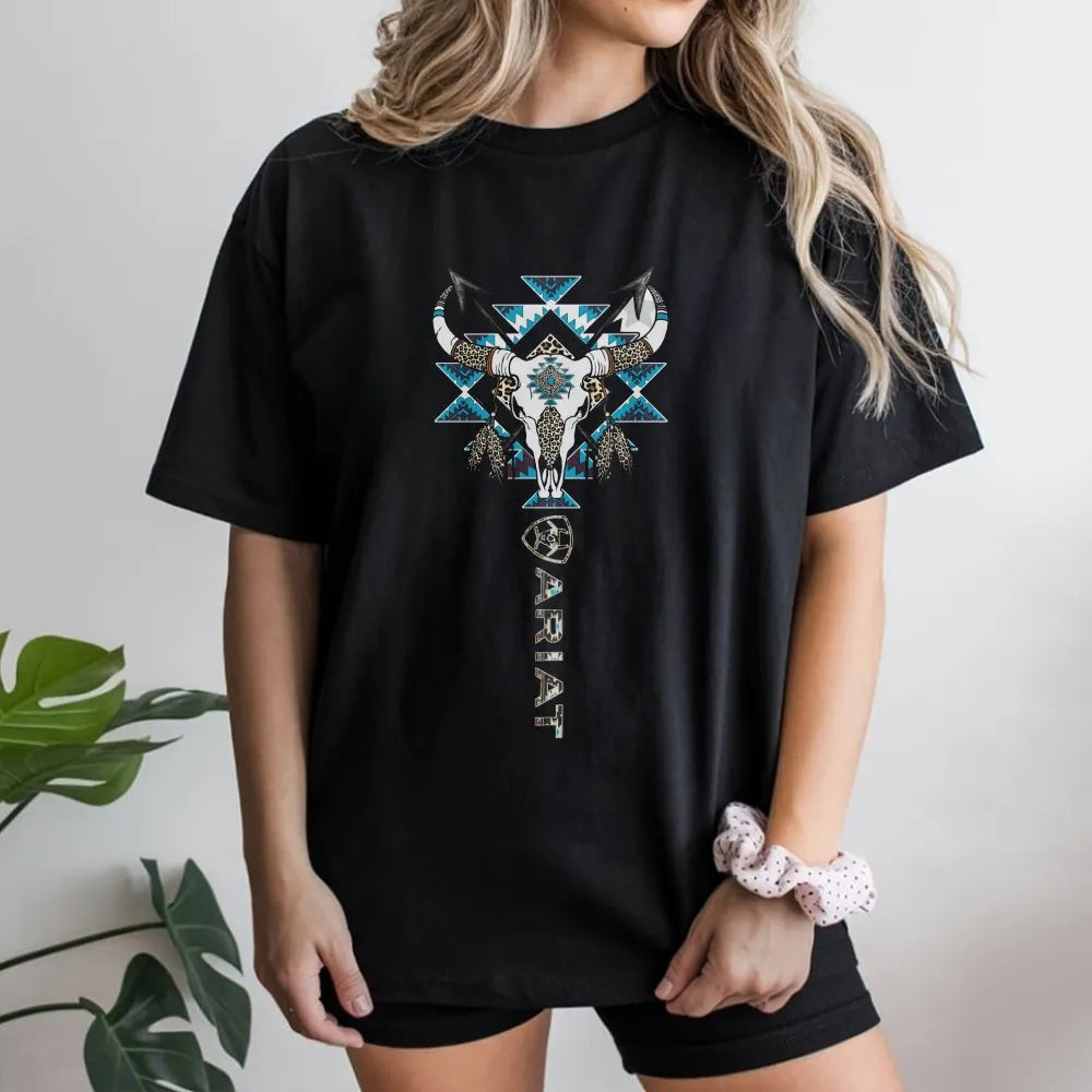 Western Bull Skull T-Shirt | Aztec Tribal Longhorn Graphic | Premium Cotton Unisex Tee | Cowboy Ranch Gift for Her