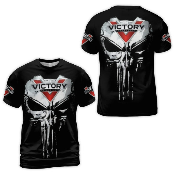 Victory Motorcycles Graphic T-Shirt | Punisher Skull 3D Print Design | Premium Polyester Jersey | Biker Apparel Gift for Men
