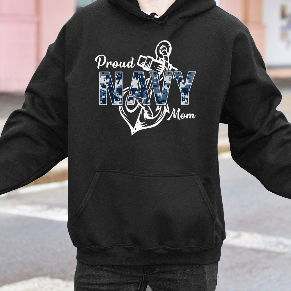 Proud Navy Mom Hoodie | Camo Anchor Military Design | Premium Cotton-Blend Sweatshirt | Supportive Gift for Navy Sailor Paren
