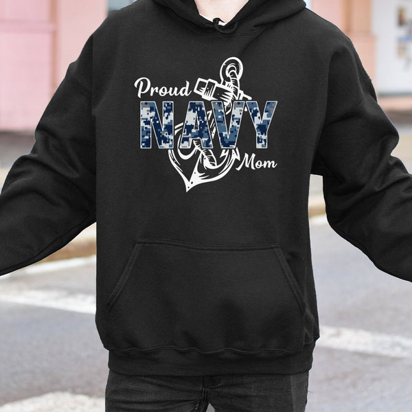 Proud Navy Mom Hoodie | Camo Anchor Military Design | Premium Cotton-Blend Sweatshirt | Supportive Gift for Navy Sailor Paren