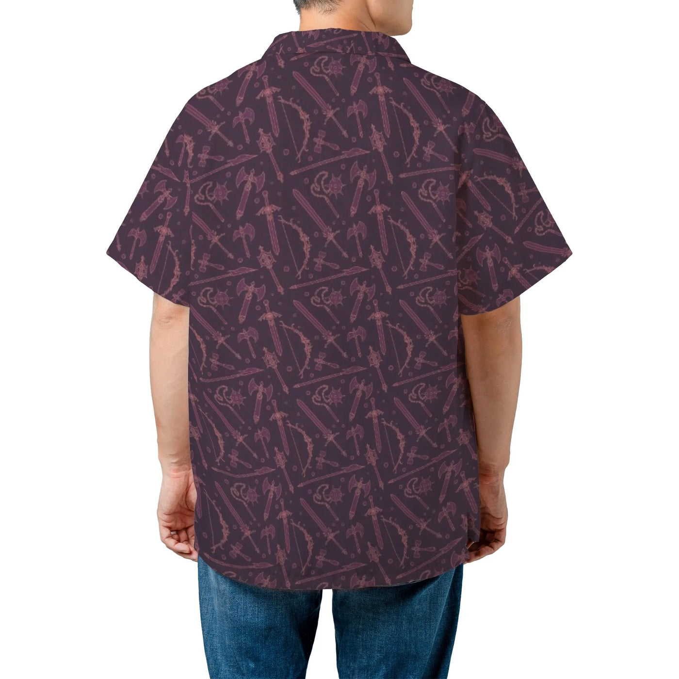 Fantasy Weapons Hawaiian Shirt | RPG Gamer Button Down | Wrinkle-Resistant Polyester | Gift for D&D Enthusiasts and Fantasy L