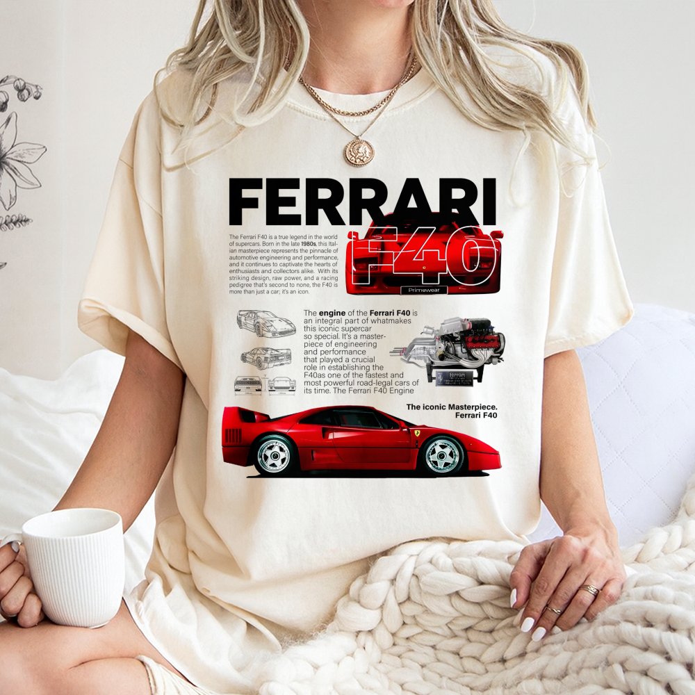 Ferrari F40 Graphic T-Shirt | Retro 1980s Supercar Blueprint Design | Premium 100% Cotton Tee | Gift for Car Enthusiasts and 