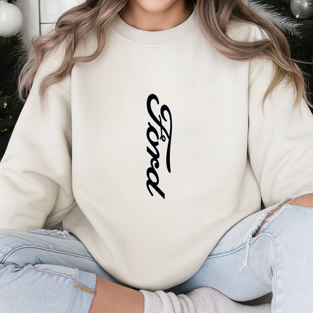 Vertical Script Logo Sweatshirt | Classic Automotive Graphic Print | Premium Cotton-Blend Crewneck | Gift For Car Enthusiasts
