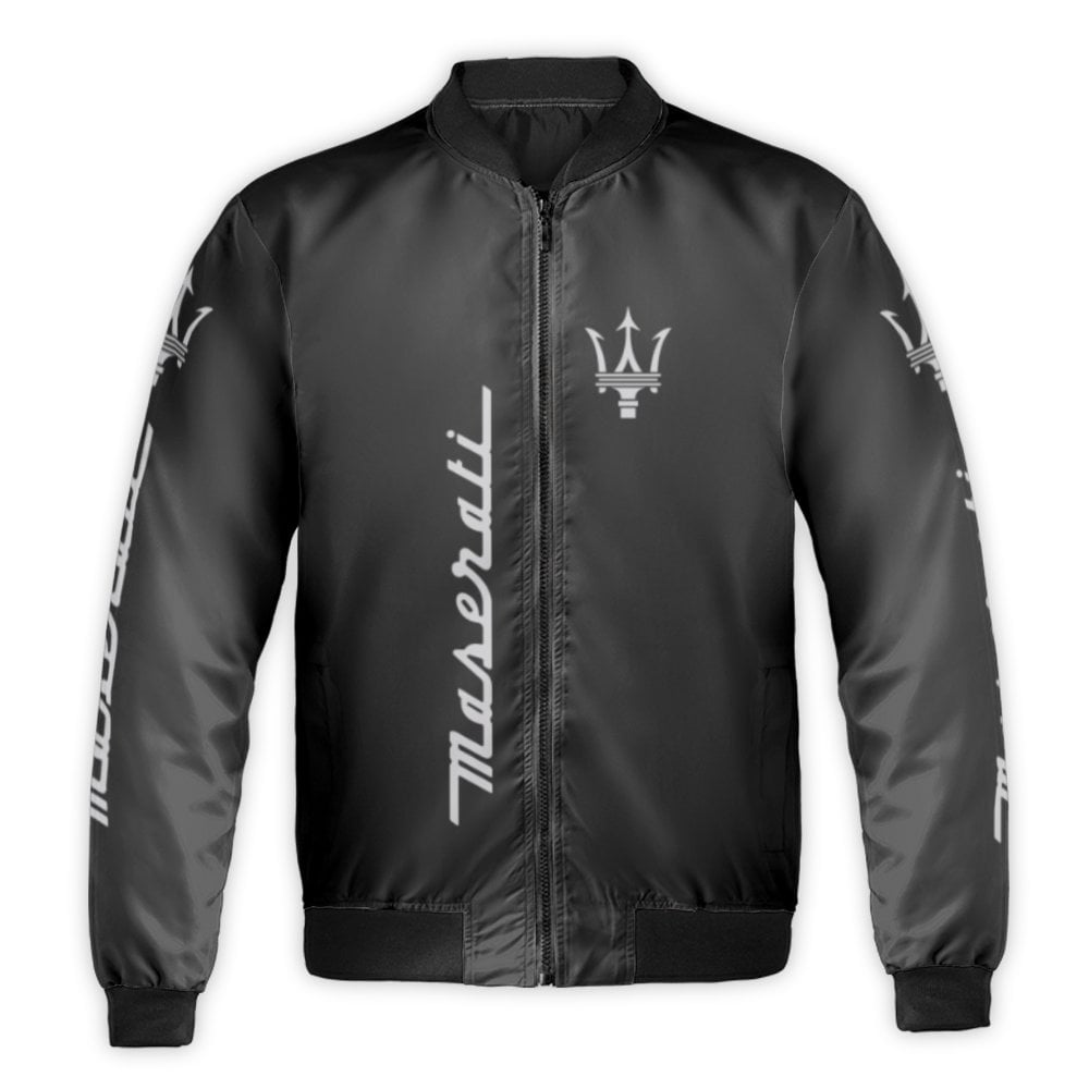 Luxury Car Logo Bomber Jacket | Maserati Trident Script Graphic | Durable Nylon Streetwear | Premium Gift for Automotive Enth