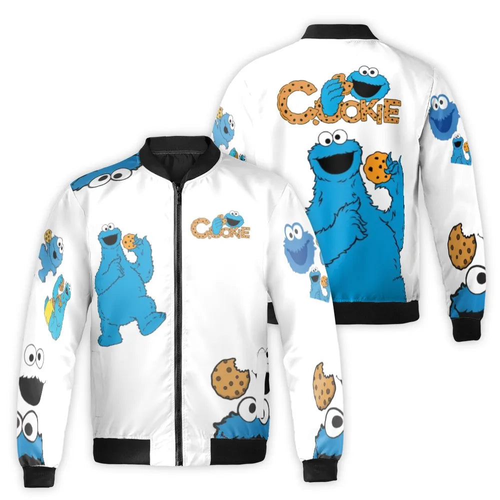 Blue Monster Bomber Jacket | Cookie Lover Streetwear Design | Durable Nylon Shell | Gift For Fans Of Retro Cartoons