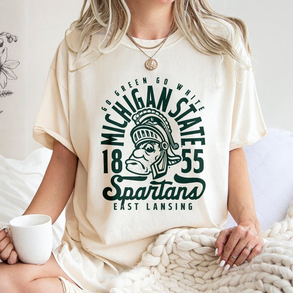 Michigan State Spartans T-Shirt | Vintage Mascot Go Green Go White Graphic | Premium 100% Cotton Tee | Collegiate East Lansin