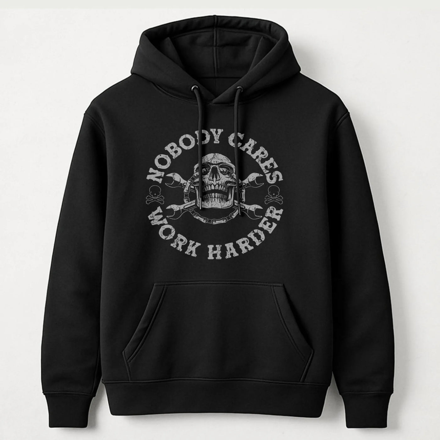 Nobody Cares Work Harder Hoodie | Skull Mechanic Tool Graphic | Premium Cotton Blend | Motivational Gym Apparel Gift For Men