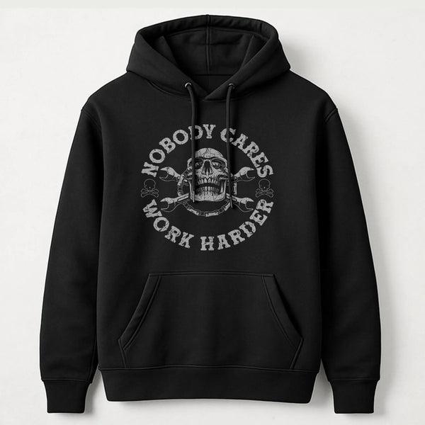 Nobody Cares Work Harder Hoodie | Skull Mechanic Tool Graphic | Premium Cotton Blend | Motivational Gym Apparel Gift For Men