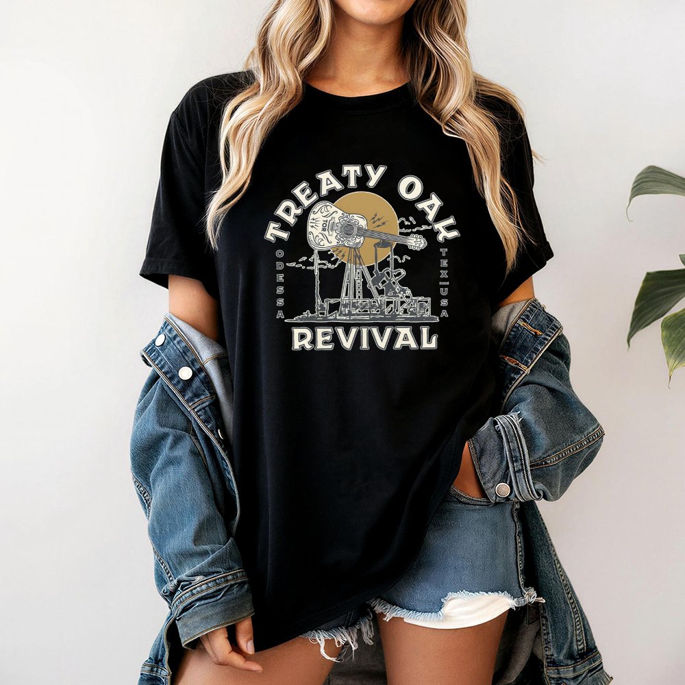 Treaty Oak Revival T-Shirt | Odessa Texas Guitar Oil Rig Graphic | Premium 100% Cotton Tee | Country Music Gift for Men and W