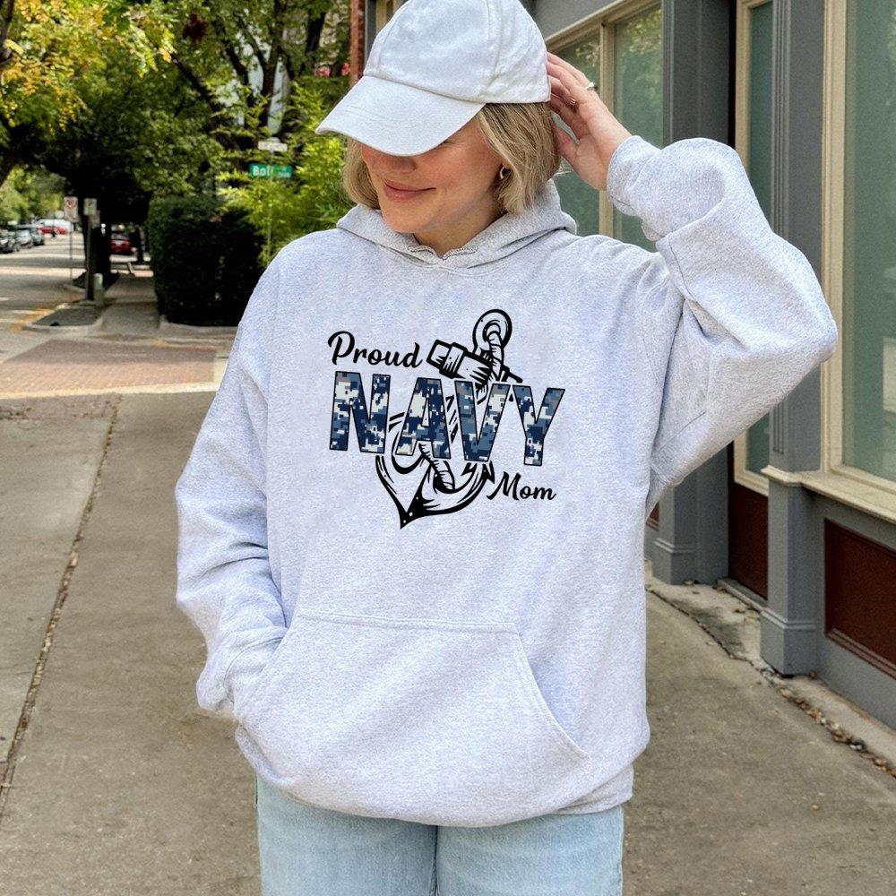 Proud Navy Mom Hoodie | Camo Anchor Military Design | Premium Cotton-Blend Sweatshirt | Supportive Gift for Navy Sailor Paren