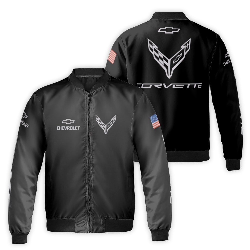 Chevrolet Corvette Bomber Jacket | C8 Logo American Flag Print | Durable Nylon Streetwear | Premium Gift for Sports Car Enthu