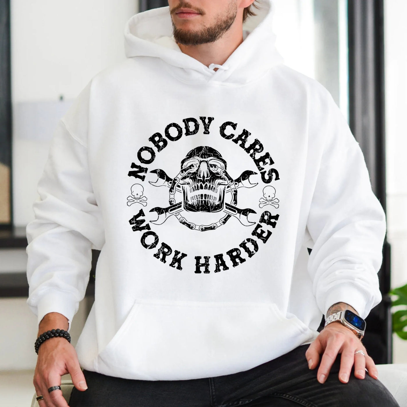 Nobody Cares Work Harder Hoodie | Skull Mechanic Tool Graphic | Premium Cotton Blend | Motivational Gym Apparel Gift For Men
