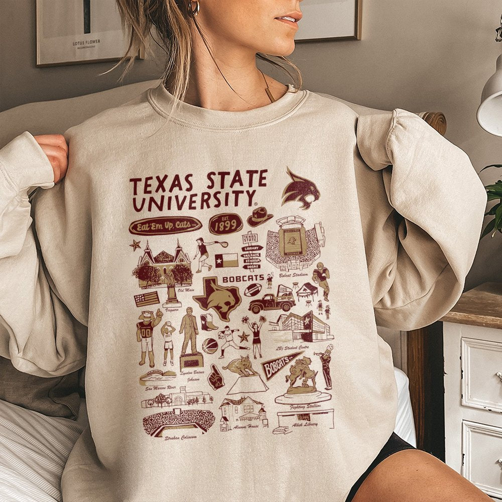 Texas State University Sweatshirt | Eat 'Em Up Cats Mascot Landmark Collage | Premium Cotton Blend Crewneck | Gift for Studen