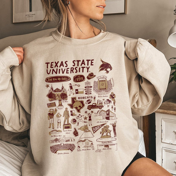 Texas State University Sweatshirt | Eat 'Em Up Cats Mascot Landmark Collage | Premium Cotton Blend Crewneck | Gift for Studen