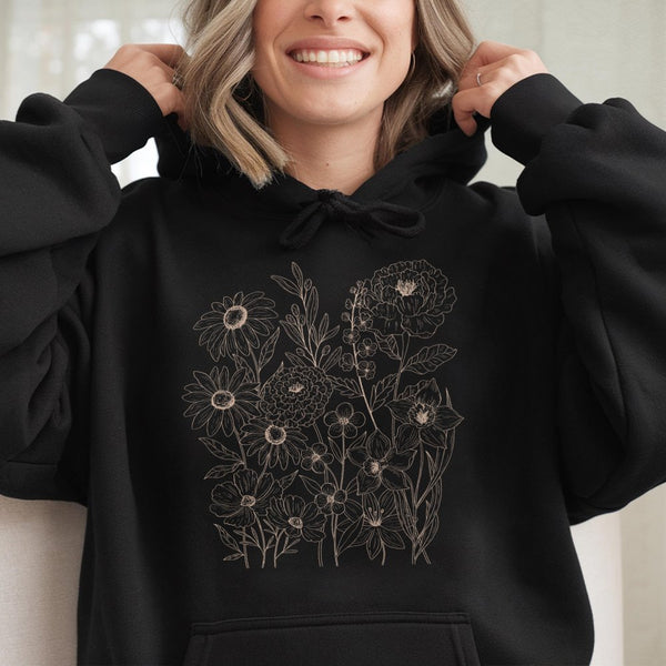 Wildflower Botanical Hoodie | Line Art Floral Cottagecore Design | Premium Cotton Blend | Aesthetic Nature Lover Gift for Her