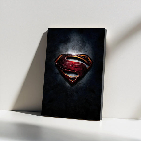 Superhero Shield Wall Art | Dark Metallic Symbol Gallery Wrap | Premium Stretched Canvas Print | Modern Office or Bedroom Dec