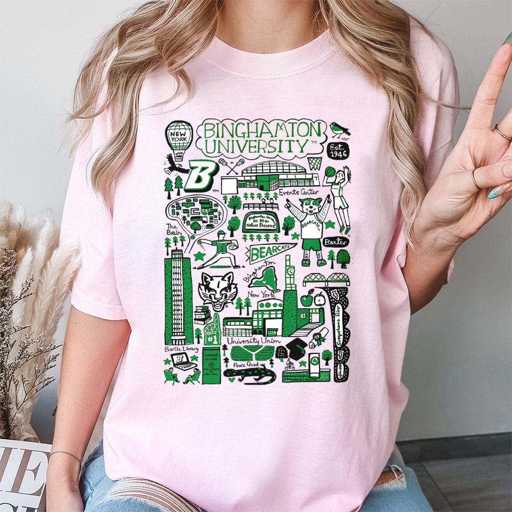 Binghamton University T-Shirt | Campus Map Doodle Graphic | 100% Cotton Premium Tee | Collegiate Bearcats Gift for Students &