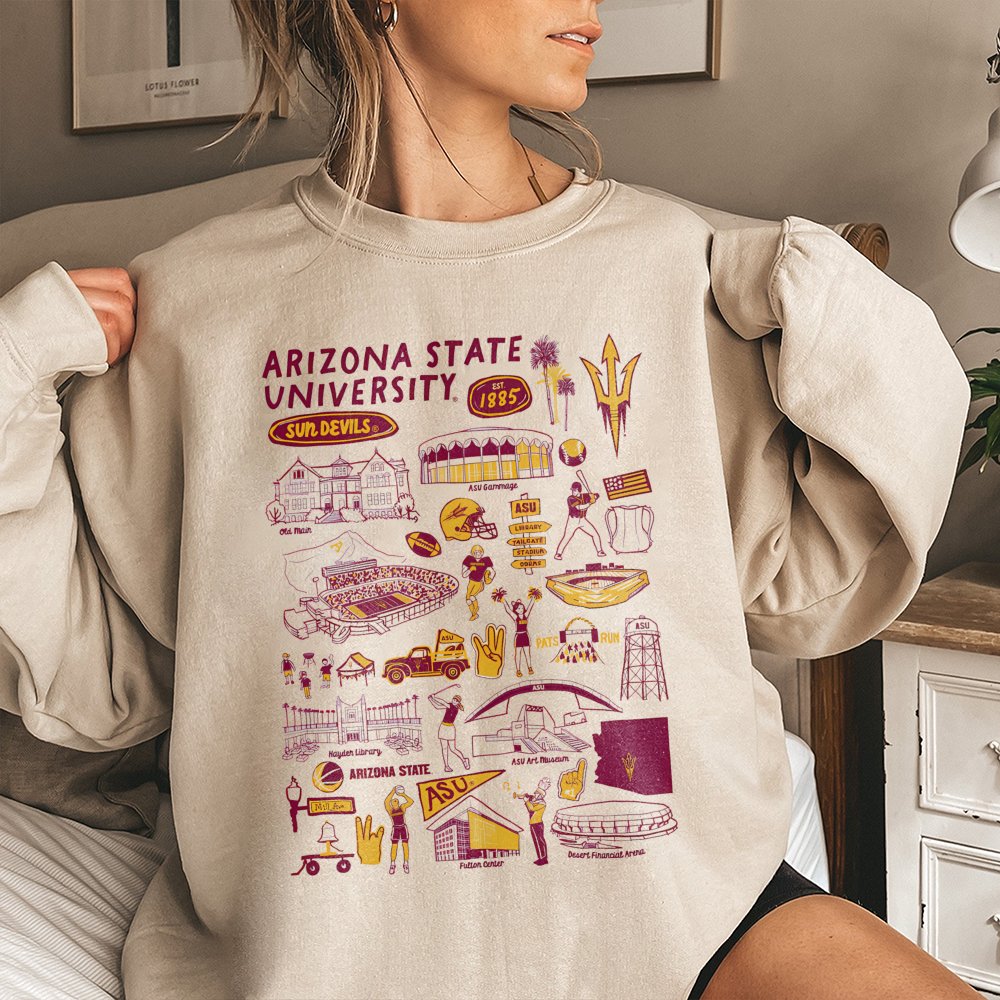 Arizona State University Sweatshirt | ASU Campus Landmarks Collage Print | Premium Cotton Blend Crewneck | Gift for ASU Stude