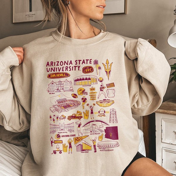 Arizona State University Sweatshirt | ASU Campus Landmarks Collage Print | Premium Cotton Blend Crewneck | Gift for ASU Stude