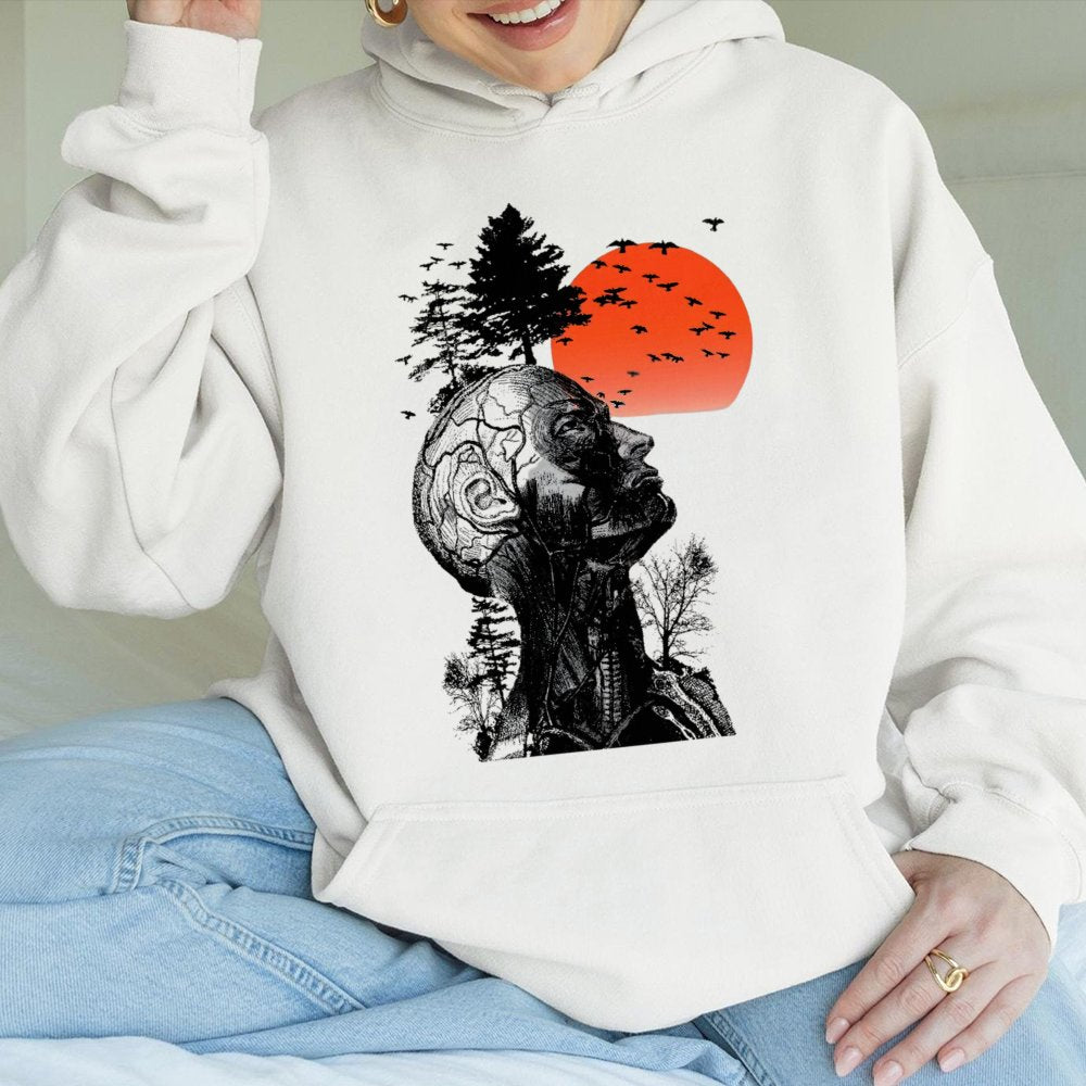 Anatomical Human Head Hoodie | Artistic Silhouette Surreal Nature Graphic | Premium Cotton Blend | Unique Gift for Science an