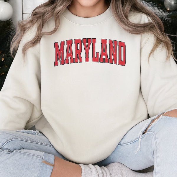 Maryland Varsity Arch Sweatshirt | Distressed Collegiate Red Text | Premium Cotton Blend Crewneck | Comfortable Unisex State 