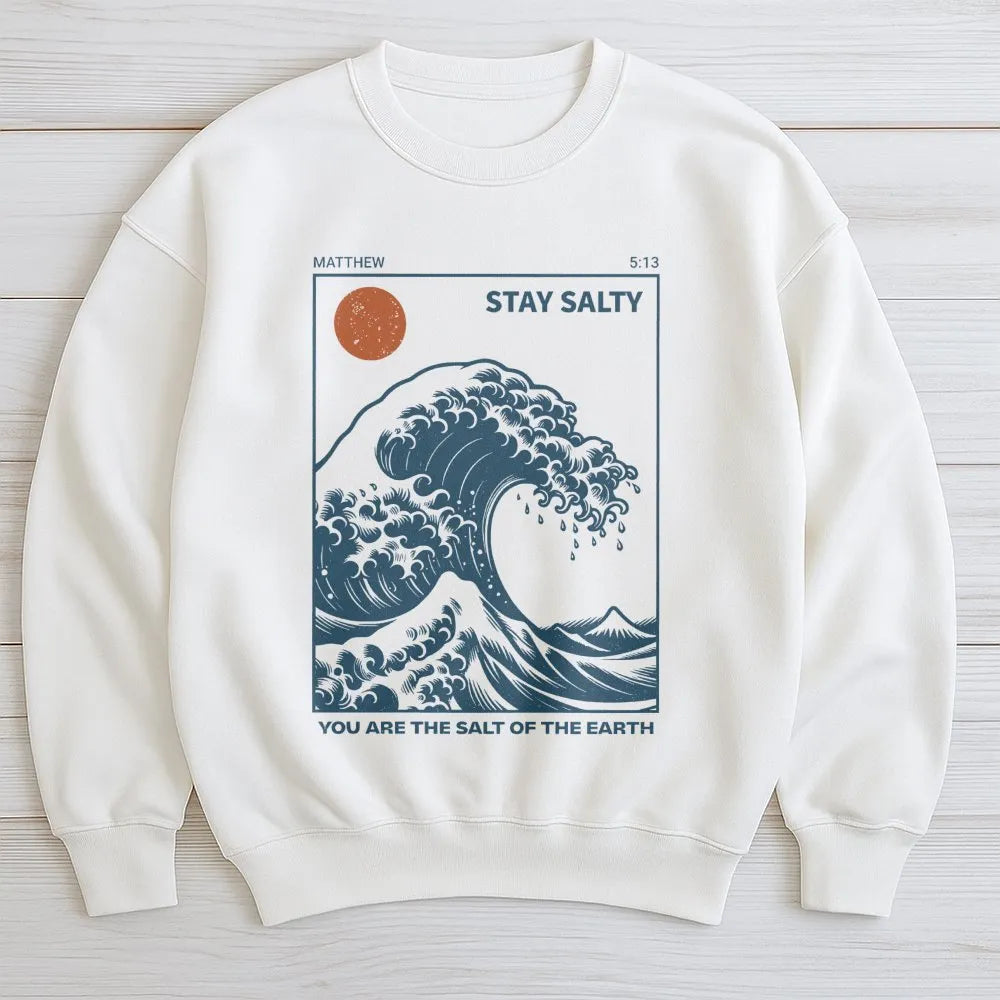Stay Salty Christian Sweatshirt | Matthew 5:13 Wave Graphic | Premium Cotton Blend | Faith-Based Gift for Men and Women