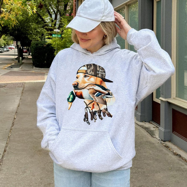 Labrador Duck Hunting Hoodie | Retriever Dog with Mallard Graphic | Premium Cotton Blend Fleece | Gift for Hunters and Outdoo