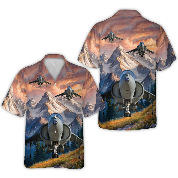 AV-8B Harrier II Hawaiian Shirt | VMAT-203 Hawks Squadron Graphic | Breathable Polyester Aloha Shirt | Military Aviation Enth