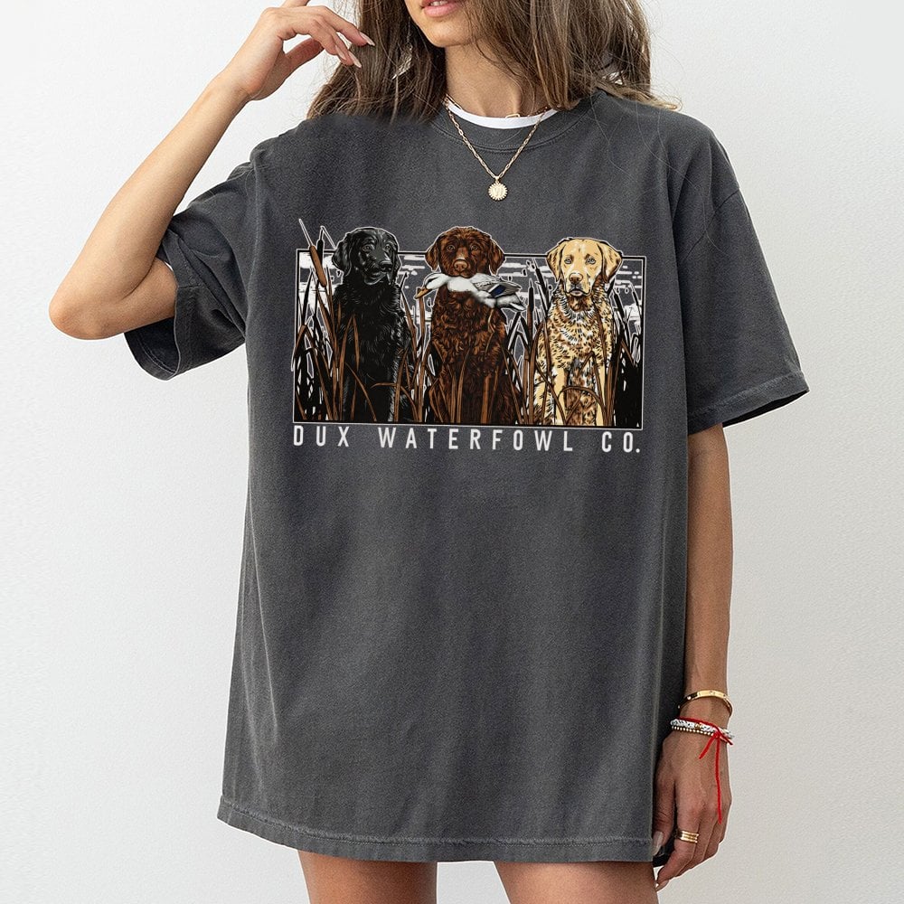 Dux Waterfowl Hunting Dog T-Shirt | Retriever Trio Graphic | 100% Cotton Premium Tee | Outdoor Gift for Duck Hunters and Dog 