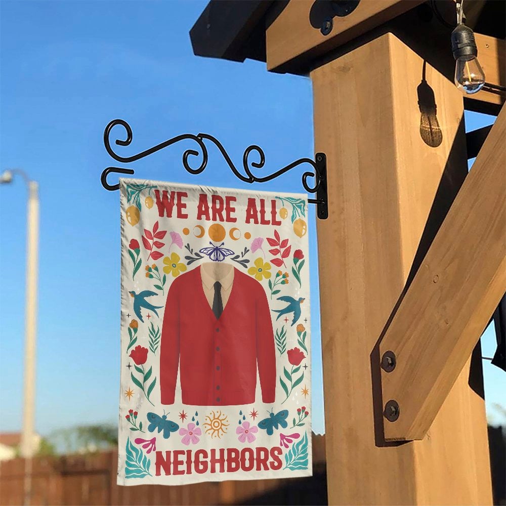 We Are All Neighbors Garden Flag | Mr Rogers Inspired Red Cardigan Design | Double-Sided Premium Polyester | Welcoming Outdoo